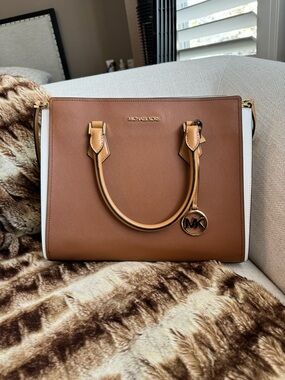 Michael Kors Brown and White Saffiano Satchel with MK Charm
